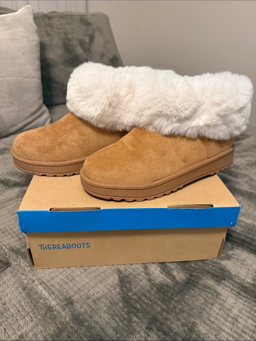 Thereabouts Kids' Tan Suede Faux Fur Cuff Slip-On Boots